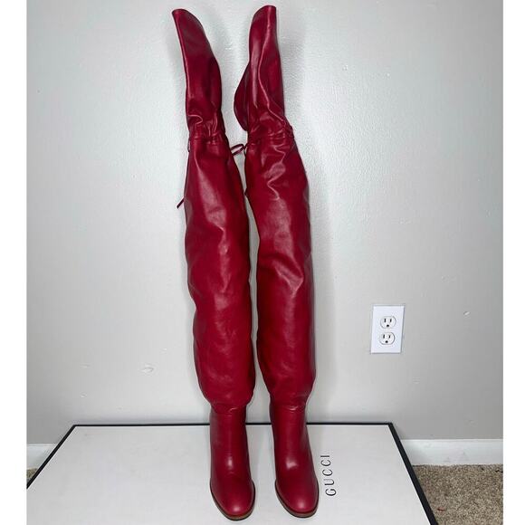 Gucci Lisa Over-the-Knee Thigh High Leather Boots Romantic Cerise Red Size 38 - Picture 2 of 14